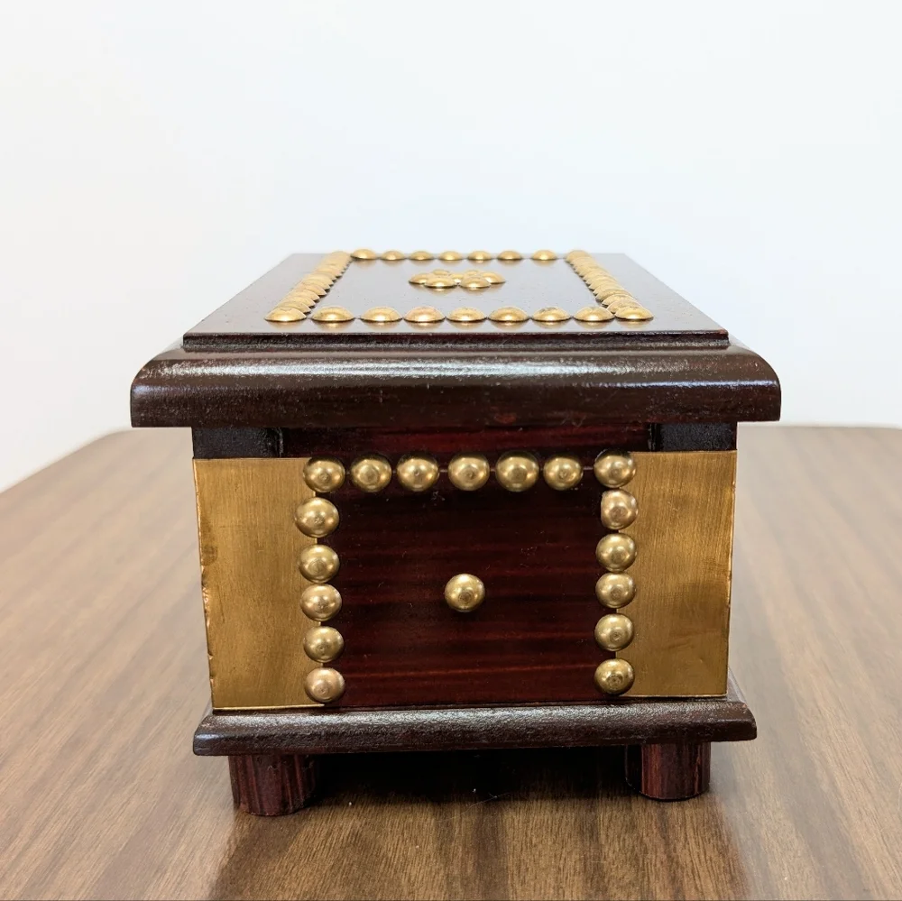 Vintage Dark Red Brown Mahogany Color Wooden Box With Gold Tone Brass Details